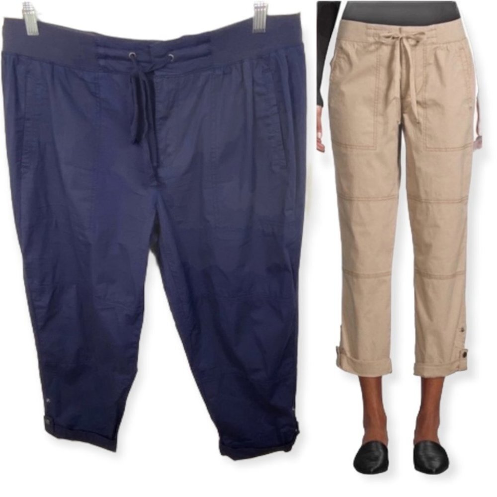 Lord & Taylor Cameron Poplin Pant Blue Size Large Petite Tie Waist Cargo Hiking